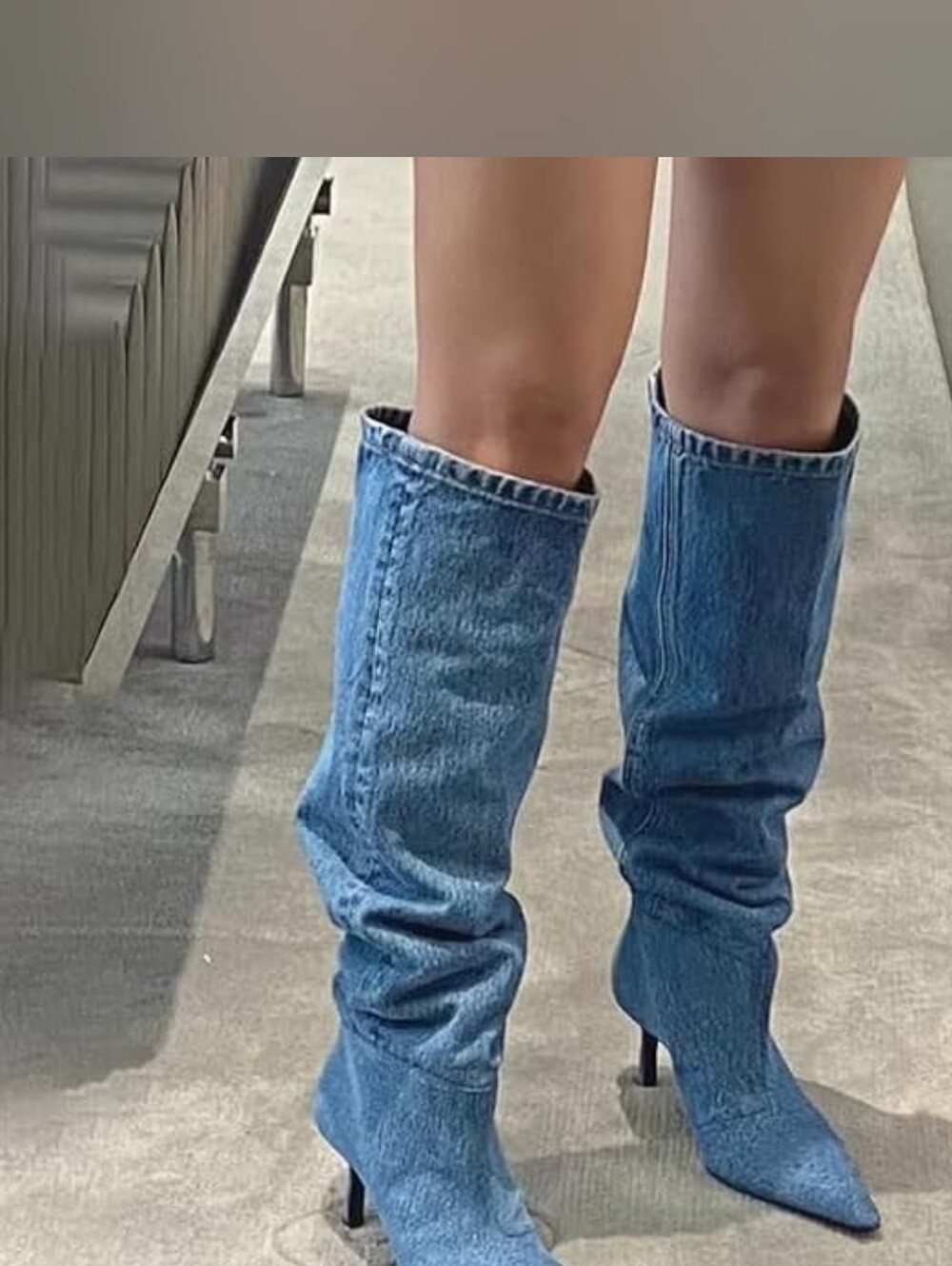 Chic Blue Denim Knee-High Kitten Heel Boots